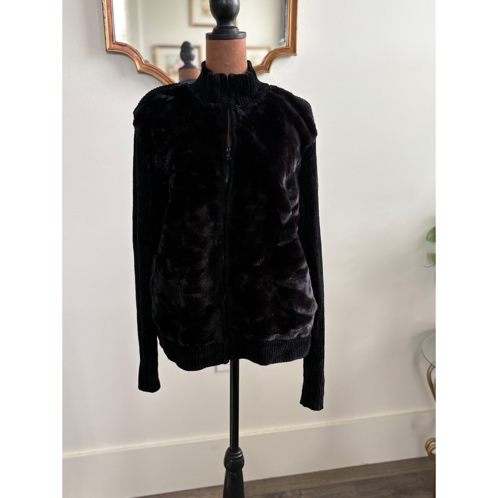 Lisa International Womens Black Faux Fur Front Zip‎ Up Cardigan Sweater M